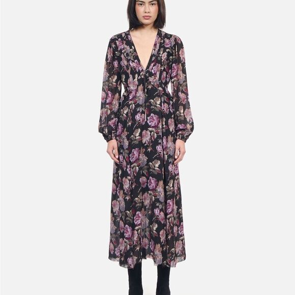 NWT The Kooples BLACK LONG FLORAL PRINT DRESS size 8 women's - Picture 2 of 16